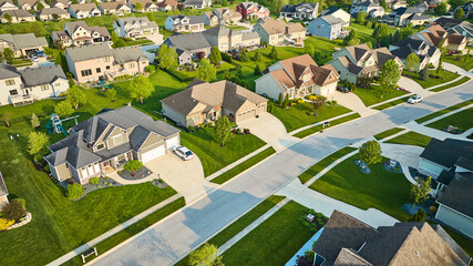 Summertime in neighborhood with nice homes aerial