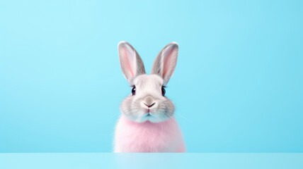 Advertising portrait, banner, funny gray rabbit with pink collar, staright look, isolated on blue background