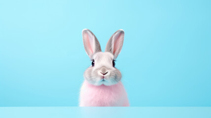 Obraz premium Advertising portrait, banner, funny gray rabbit with pink collar, staright look, isolated on blue background