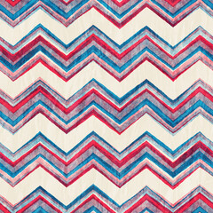 Blue, Ecru and Red Marbled Effect Textured Chevron Pattern