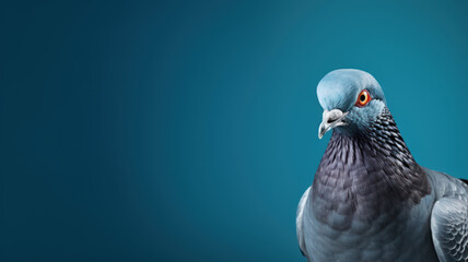 Advertising portrait, banner, classic color pidgeon with serious look and yellow eyes looks straight, isolated on blue background