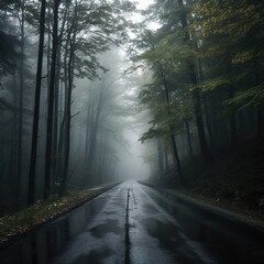Fototapeta premium Photo of a suburban highway full of fog and dark colors