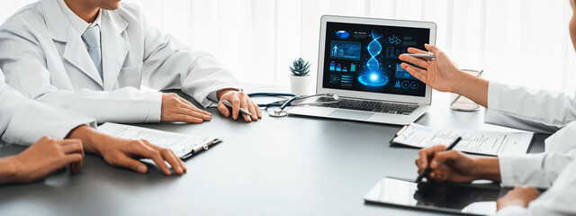 Group of doctor or researcher studying genetic disease in DNA with laptop, analyze genetic data, formulate medical treatment strategies, and develop healthcare plan with innovative solution. Neoteric