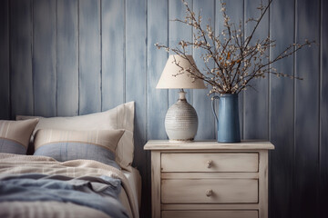 French country bedroom interior. Vintage vase and lamp on the nightstand in rustic style. Neutral blue, grey and white colors.