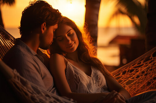 Silhouette Of Young Couple Relaxing In Hammock On Tropical Beach At Sunset