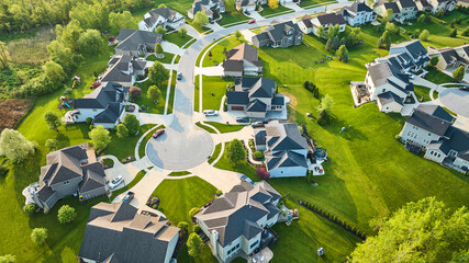 Aerial cul-de-sac of rich mini mansion homes in rich neighborhood