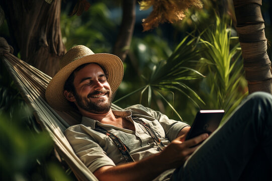 Lazy time. Man in hat in a hammock 