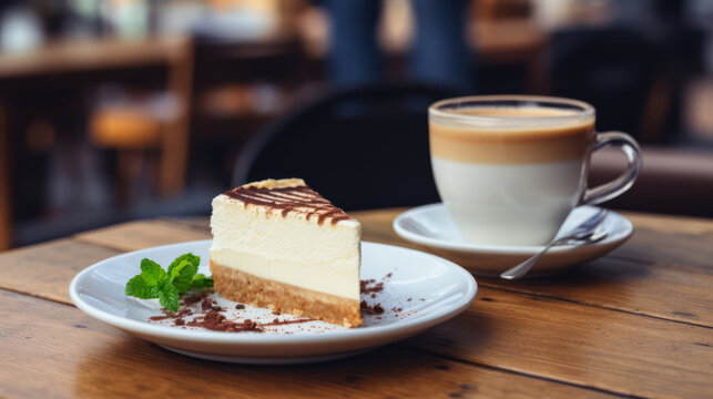 A cup of coffie and a piece of cheesecake, on a wooden table in a cafe