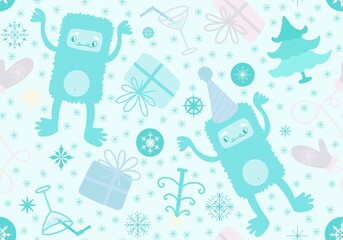 Cartoon yeti seamless Christmas pattern for wrapping paper and new year accessories and fabrics and kids