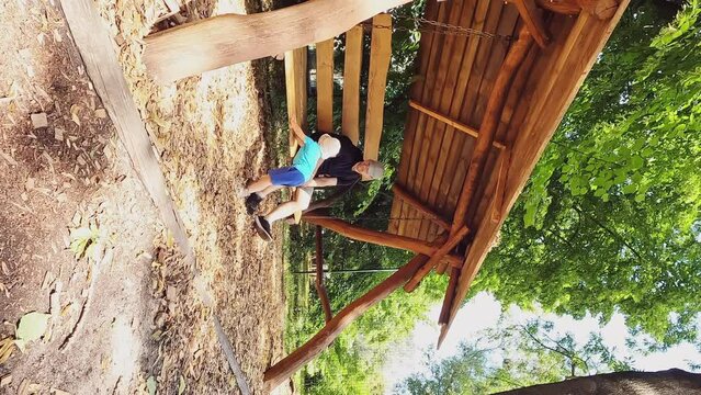 Vertical video - father and son swing on a wooden swing. Summer fun, family vacation. Ideas about rest, hyperactive child, development of coordination of movements, safety, leisure, mortgage, dream