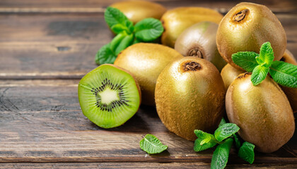 Fresh kiwi gold fruits with mint leaves scattered on rustic wooden table. Whole and cutting kiwi gold.