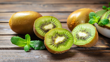 Fresh kiwi gold fruits with mint leaves scattered on rustic wooden table. Whole and cutting kiwi gold.