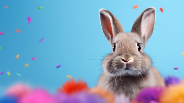 Advertising portrait, banner, funny gray rabbit with colorful fluffy around, staright look, isolated on blue background