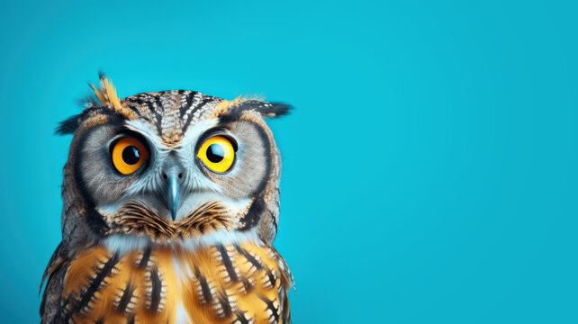 Advertising portrait, banner, beautiful brown owl with yellow eyes looks straight, isolated on blue background