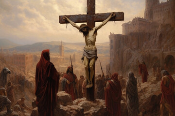 Jesus Christ crucified on cross, on Mount Golgotha. Died for the sins of mankind, son of God, Bible, faith. christmas catholic religion, christian , happy easter, praying good friday. 
