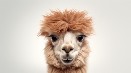 Advertising portrait, banner, funny classic alpaca with nice haircut, looks straight, isolated on gray background