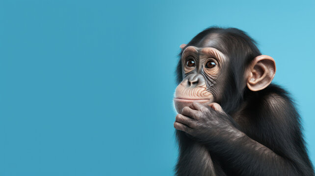 Advertising portrait, banner, thinking black chimpanzee looks to the left, isolated on blue background