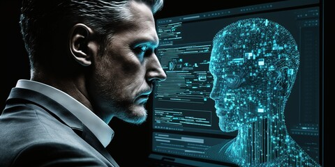 A businessman analyzes financial data on his laptop, with a digital tech overlay on his head, symbolizing the fusion of finance and technology.

