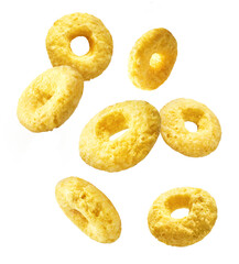 Tasty ring cereals falling in the air isolated.