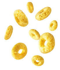 Tasty ring cereals falling in the air isolated.