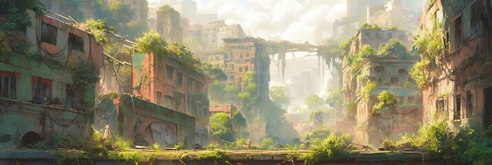 Post-apocalyptic wasteland where nature has reclaimed the land. Dystopic overgrown buildings. Ruins of a decaying city. Generative AI.