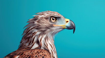 Fototapeta premium Advertising portrait, banner, serious brown eagle with yellow eyes looks to the left, isolated on blue background