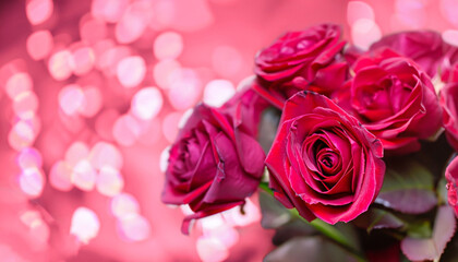 Festive blurred pink red background with a bouquet of gorgeous magenta roses.