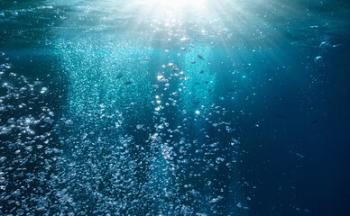 Sunlight underwater with bubbles rising to water surface and some fish in background, Mediterranean sea, France - Powered by Adobe