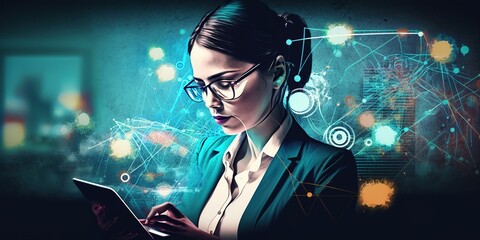 Casual business woman using mobile smartphone and working on digital tablet and laptop computer