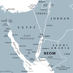 NEOM and Sinai Peninsula, gray political map. Neom, a planned smart city in Tabuk Province in northwestern Saudi Arabia, north the Red Sea, east of Egypt, across the Gulf of Aqaba and south of Jordan.