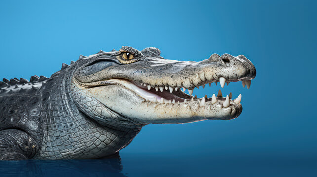 Advertising portrait, banner, scarry crocodile with open mouth and yellow eyes looks to the right, isolated on blue background