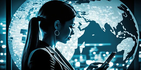 Business woman using mobile smartphone surfing the internet online working on laptop computer from home office map behind