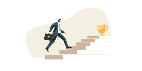 Businessman with a briefcase is running up the stairs to the award. The concept of goal achievement, career growth. Creative concept. Flat illustration.