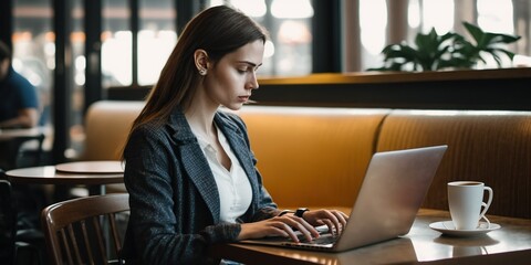 Businesswoman working online with laptop and phone from her home office at night.