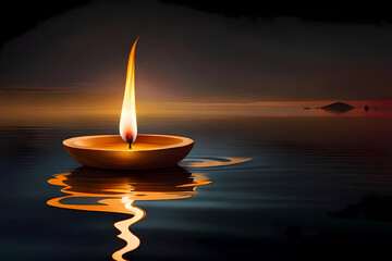 Burning Diwali diya oil lamp floating down the river - 626676949