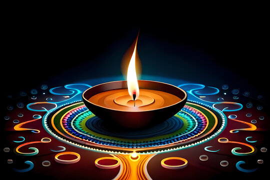 Burning Diwali diya oil lamp with multicolour pattern