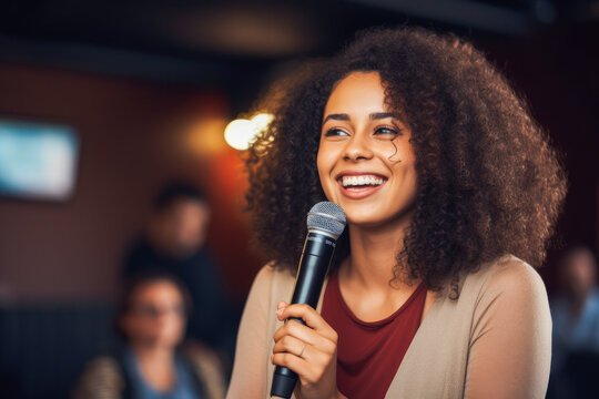 Young African American woman engaged in a first-time public speaking event, filled with genuine emotion and feelings