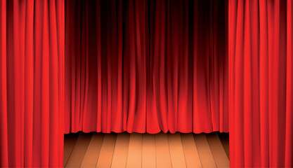 Red curtain  on the wooden floor in the dark room. Vector EPS-10 - obrazy, fototapety, plakaty