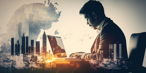 Businessman working on laptop with financial graphs, blending city view; concept of finance, investment, and forex trading - obrazy, fototapety, plakaty