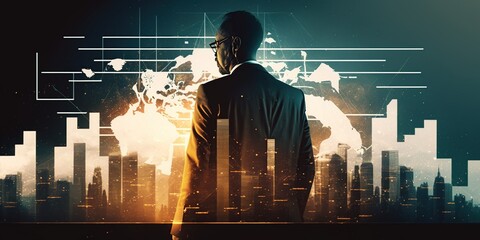 Businessman working on laptop with financial graphs, blending city view; concept of finance, investment, and forex trading