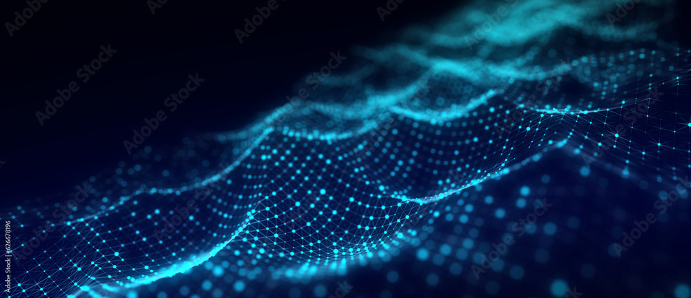 Aufkleber Technology blue wave of particles. Big data visualization. Analytics representation. Digital background. 3d rendering.