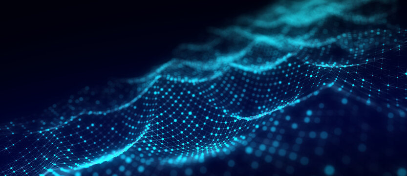 Technology blue wave of particles. Big data visualization. Analytics representation. Digital background. 3d rendering.