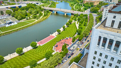 Scioto Mile Promenade next to Scioto River in Columbus Ohio aerial with greenway