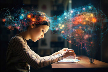 A woman using a neural interface device for computing, highlighting advancements in biotechnology and the onset of the singularity, future of brain-computer interaction - obrazy, fototapety, plakaty