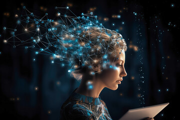 A woman using a neural interface device for computing, highlighting advancements in biotechnology and the onset of the singularity, future of brain-computer interaction