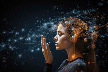 A woman using a neural interface device for computing, highlighting advancements in biotechnology and the onset of the singularity, future of brain-computer interaction