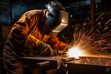 Welder with lots of sparks flying, showcasing a skilled worker working on a metal fabrication project, with safety gear and proper techniques in the welding industry