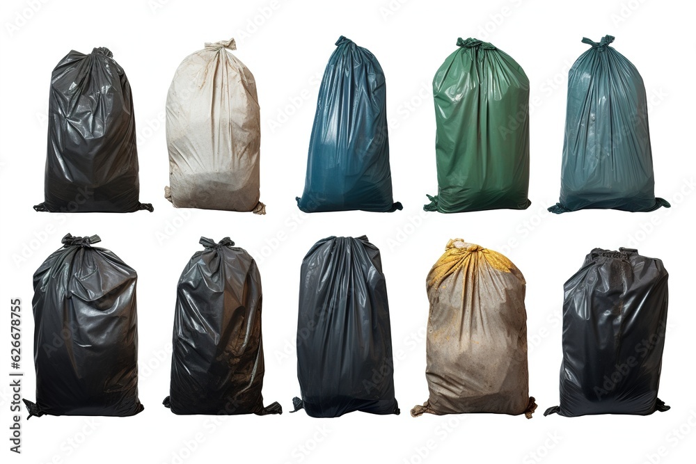 Poster set with different trash bags full of garbage.