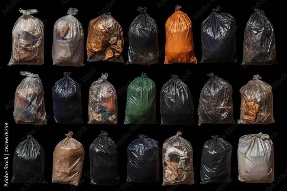 Poster set with different trash bags full of garbage.