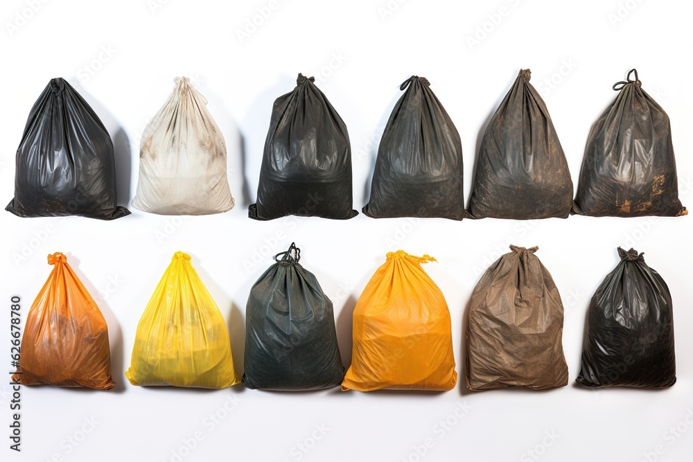 Poster set with different trash bags full of garbage.